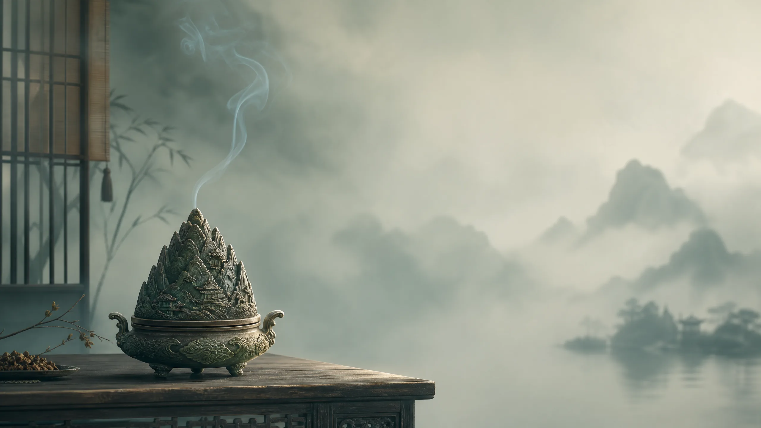 宋代博山香炉中一‍缕青烟缓缓上升，氤氲于水墨山色之间
